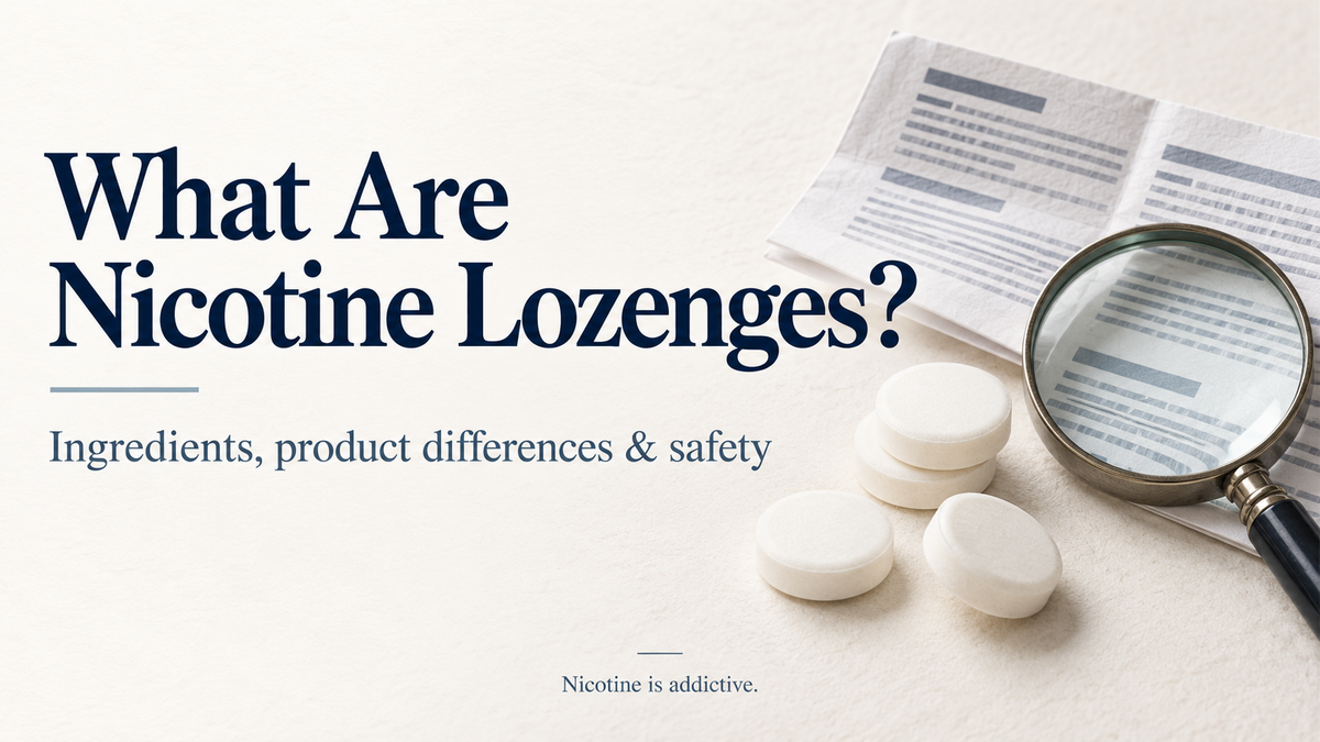 Nicotine lozenges beside an information leaflet and magnifying glass, with the heading ‘What Are Nicotine Lozenges?